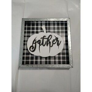 Pumpkin Gather Metal Frame Plaid Background Sign. 7.5"X 7.5"